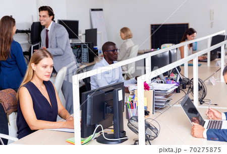Multiracial group of successful business people during daily work in modern co-working space Multiracial group of successful business people during daily work in modern co-working space 70275875
