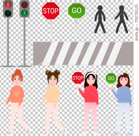 Set of elements for pedestrian rules for kids, little girls crossing road, traffic lights, road sign stop and go Set of elements for pedestrian rules for kids, little girls crossing road, traffic lights, road sign stop and go 70278120