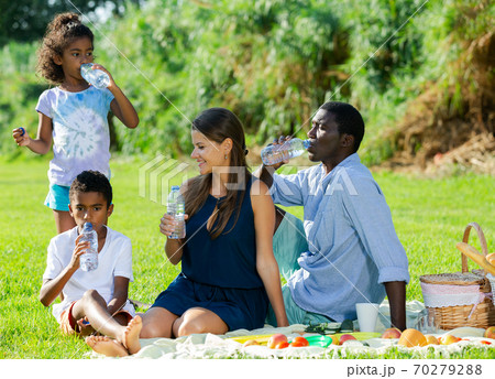 Family drinking water at picnic 70279288