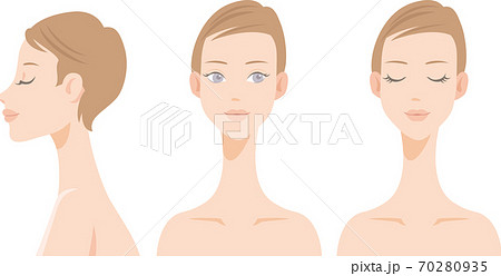 美しい女性の顔 横顔と正面 閉じた目と開いた目 美容 メイク スキンケア ファッションのイメージ のイラスト素材