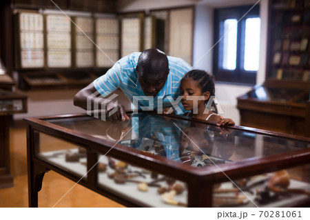 Visitors looking at exhibits in glass stands Visitors looking at exhibits in glass stands 70281061