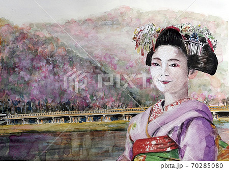 京都 嵐山を観光をする舞妓さんのイラスト素材
