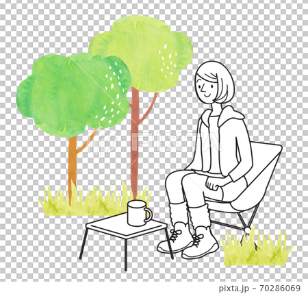 ソロキャンプを楽しむ女性　人物　線画 70286069