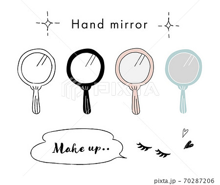 手描きのハンドミラーのイラストセット 手鏡 おしゃれ かわいい シンプル メイク 化粧 美容 まつげのイラスト素材