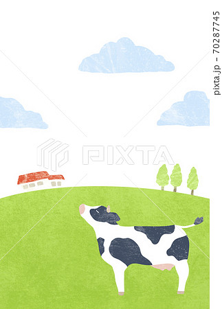 牧場で佇む牛さんのイラストのイラスト素材