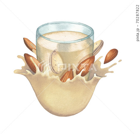 Watercolor glass of the plant based milk decorated with splashes and almonds. Watercolor glass of the plant based milk decorated with splashes and almonds. 70287822