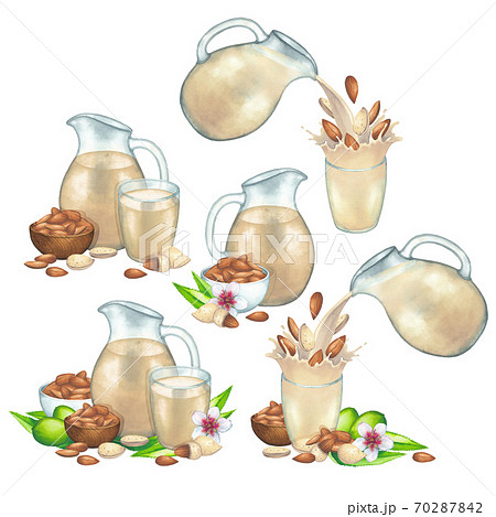 Watercolor collection of plant based milk in the glasses and jugs decorated with bowls, almonds Watercolor collection of plant based milk in the glasses and jugs decorated with bowls, almonds 70287842