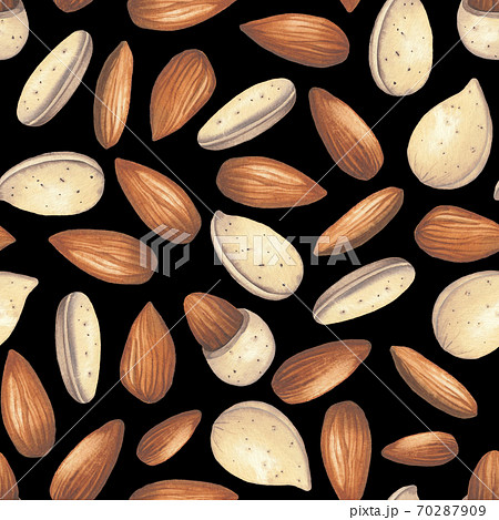 Watercolor seamless pattern of almond peeled and not peeled nuts Watercolor seamless pattern of almond peeled and not peeled nuts 70287909