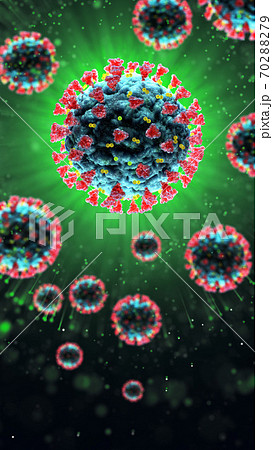 3d render of pathogenic virus organism or bacteria infecting and causing disease. Close up from microscope of coronavirus. 3d render of pathogenic virus organism or bacteria infecting and causing disease. Close up from microscope of coronavirus. 70288279