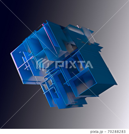 Abstract cube made of blue color plates on a gray background. 3d rendering. Innovative impressive technologies Abstract cube made of blue color plates on a gray background. 3d rendering. Innovative impressive technologies 70288283