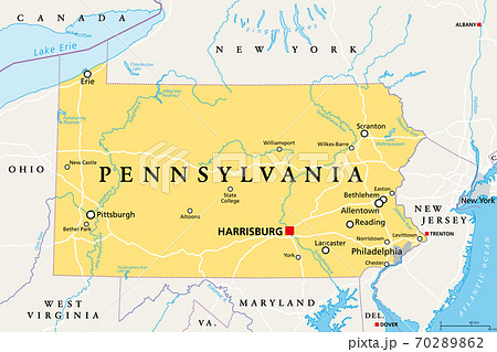 Pennsylvania, PA, political map. Officially the Commonwealth of Pennsylvania. State in the northeastern United States of America. Capital Harrisburg. Keystone State. Quaker State. Illustration. Vector 70289862
