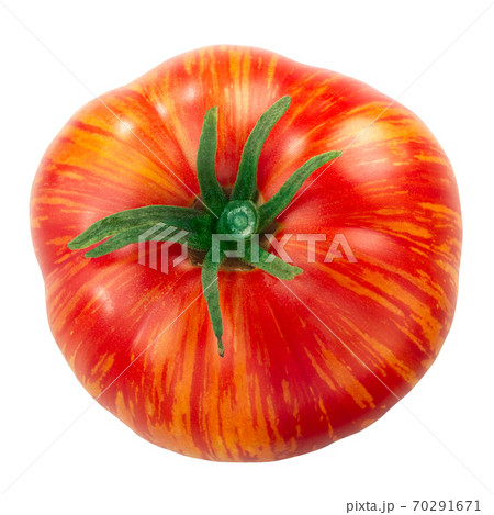 Solar Flare heirloom tomato, whole fruit, isolated, top view Solar Flare heirloom tomato, whole fruit, isolated, top view 70291671