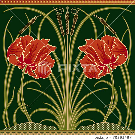 Red big poppy and green reeds decorative border pattern on dark green background. Vector illustration. 70293497