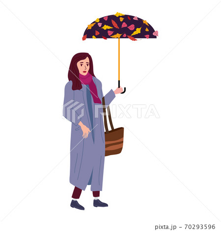 Young woman in the autumn park city with umbrella, trendy clothes street fashionable style outwear female, fall mood. Trendy vector style isolated 70293596