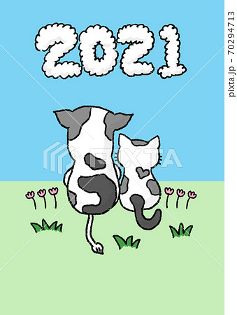 にゃん賀状 21年 丑年の年賀状素材 牛と猫 21の文字 クレヨンの手描き風のイラスト素材