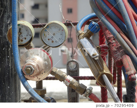 SELANGOR, MALAYSIA -JUNE 16, 2017: Indicator meter of gas cylinder for welder at the construction site.   70295409
