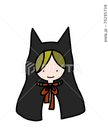 黒猫のケープをかぶった女の子の手描きイラスト 白バック のイラスト素材