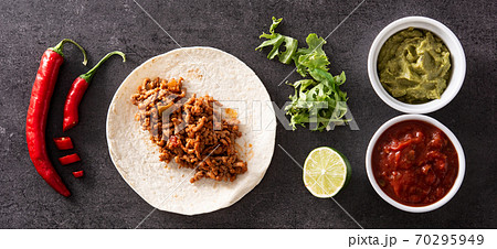 Mexican tacos ingredients.Panorama view 70295949