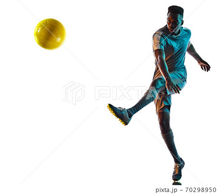 young african soccer player man isolated white background silhouette shadow 70298950