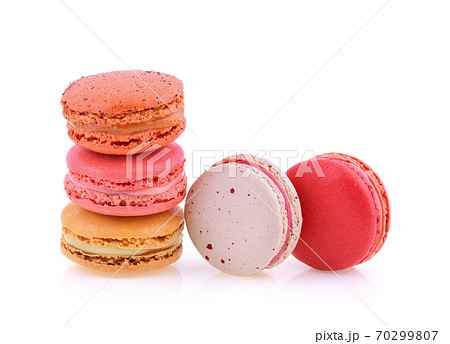 Sweet and colourful french macaroons or macaron on white background, Dessert. 70299807