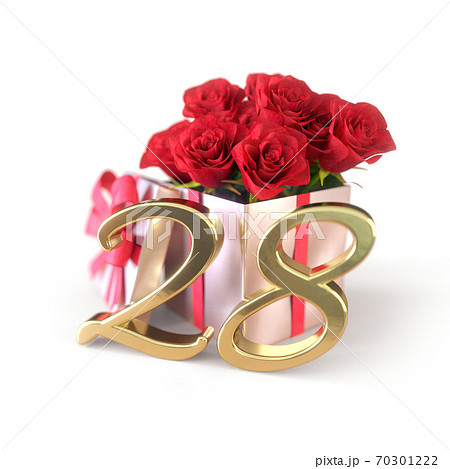 birthday concept with red roses in gift isolated on white background. twenty-eighth. 28th. 3D render birthday concept with red roses in gift isolated on white background. twenty-eighth. 28th. 3D render 70301222