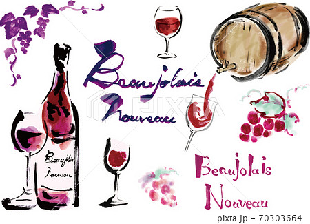 ボジョレーヌーボーやワイン関連のワインボトルやグラスワインやぶどうや文字などのセットのイラスト素材