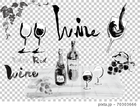 ワイン関連のワインボトルやグラスワインやぶどうや文字などのセット モノクロのイラスト素材