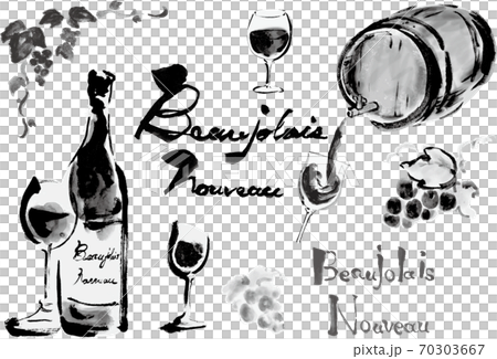 ボジョレーヌーボーやワイン関連のワインボトルやグラスワインやぶどうや文字などのセット モノクロのイラスト素材