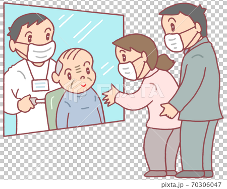 高齢者施設のガラス越し面会 お爺さん のイラスト素材