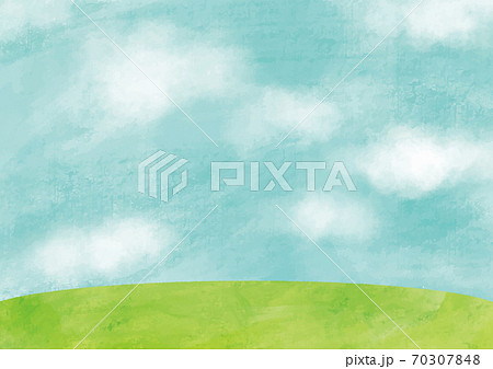 手描きの青空の風景画イラスト背景素材：横型 70307848