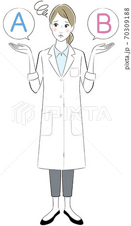 二つを比較している白衣の女性の全身のイラストのイラスト素材