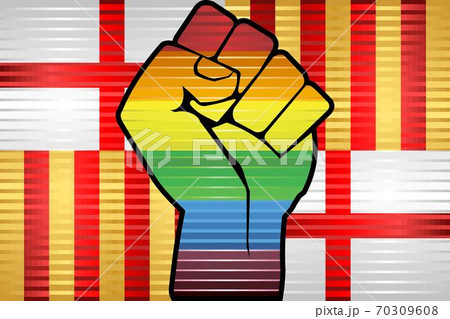 Shiny LGBT Protest Fist on a Barcelona Flag 70309608