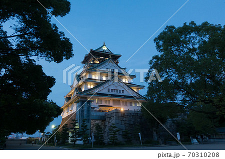 Night time view of the main tower of Osaka Castle lit up on the hillside with trees Night time view of the main tower of Osaka Castle lit up on the hillside with trees 70310208