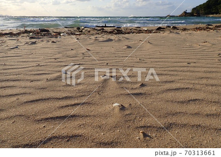 白波たつ日本海と砂浜にできた風紋 70313661