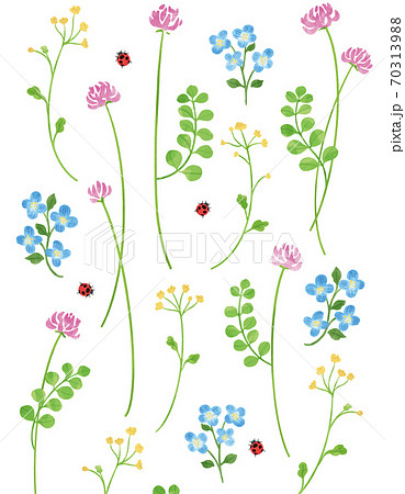 レンゲ草と春の草花のイラスト シームレスパターンのイラスト素材