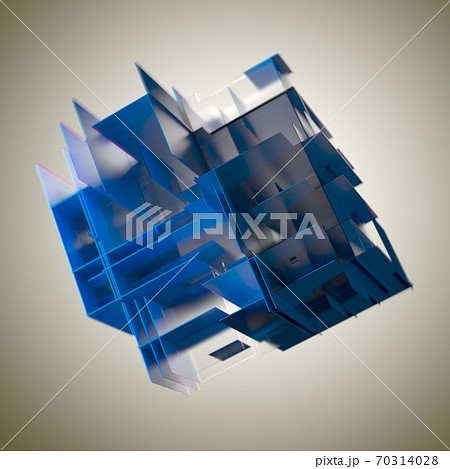 Abstract cube made of blue color plates on a gray background. 3d rendering. Innovative impressive technologies Abstract cube made of blue color plates on a gray background. 3d rendering. Innovative impressive technologies 70314028