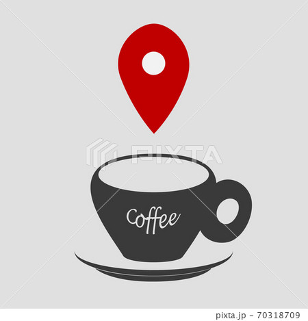 Set of icons Coffee cup and geo position mark in black, grey, red colors. Set of icons Coffee cup and geo position mark in black, grey, red colors. 70318709