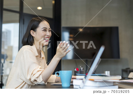 プロジェクトのカウンターパートにジェスチャーを含めて説明しているビジネスパーソン プロジェクトのカウンターパートにジェスチャーを含めて説明しているビジネスパーソン 70319205