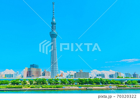 アニメ風 東京の夏 入道雲とスカイツリーの都市風景のイラスト素材
