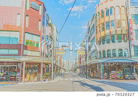 アニメ風 東京の都市風景 かっぱ橋道具街の風景のイラスト素材
