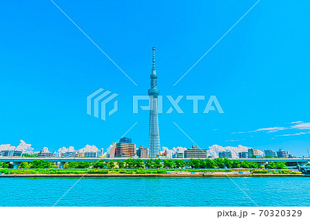 アニメ風 東京の夏 入道雲とスカイツリーの都市風景のイラスト素材