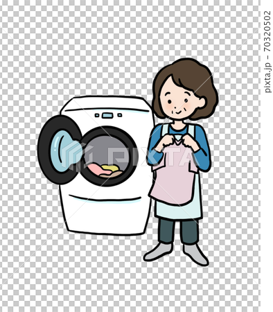 Woman washing in a drum-type washing machine 70320502