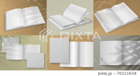 Realistic magazine. Blank white brochure mockup on colored background with shadow overlay effect. Vector empty sheet for design visualization 70321638