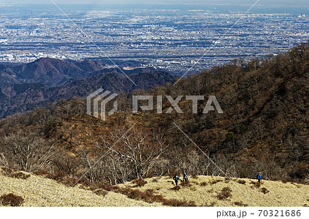 冬の丹沢・不動ノ峰付近の草原を行く登山者と東京都心の眺め 冬の丹沢・不動ノ峰付近の草原を行く登山者と東京都心の眺め 70321686