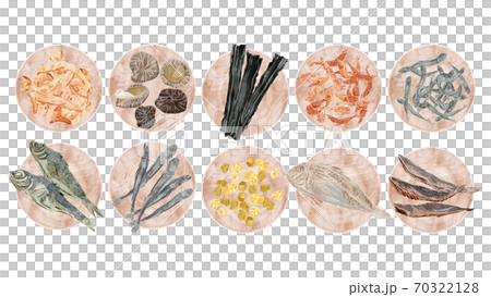 和風出汁の材料を載せた木皿のイラスト 70322128