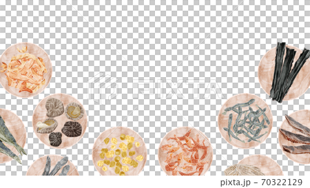 Illustration of a wooden plate with ingredients for Japanese-style soup stock 70322129