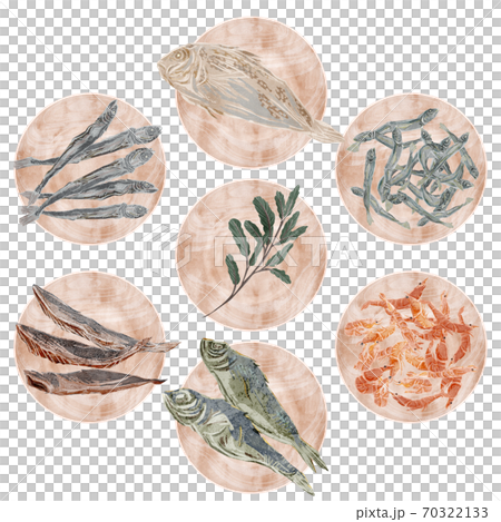 Illustration of a wooden plate with ingredients for seafood soup stock 70322133