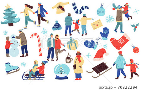 Winter set. People in cozy clothes with 