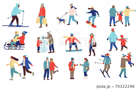 Winter activity people. Men and women playing snowballs, snowboarding and skiing. Cold season outerwear, goods advertising. Family walks with dogs, outdoor extreme sport vector set Winter activity people. Men and women playing snowballs, snowboarding and skiing. Cold season outerwear, goods advertising. Family walks with dogs, outdoor extreme sport vector set 70322296