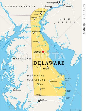 Delaware, DE, political map. State in the Mid-Atlantic region of the United States of America. Capital Dover. The First State, The Small Wonder, Blue Hen State, The Diamond State. Illustration. Vector 70323929